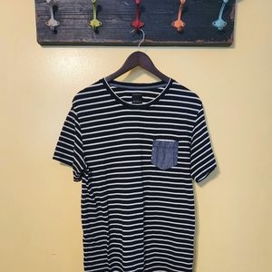 Goodale men's black/white striped tee shirt. Printed pocket. Size XL
